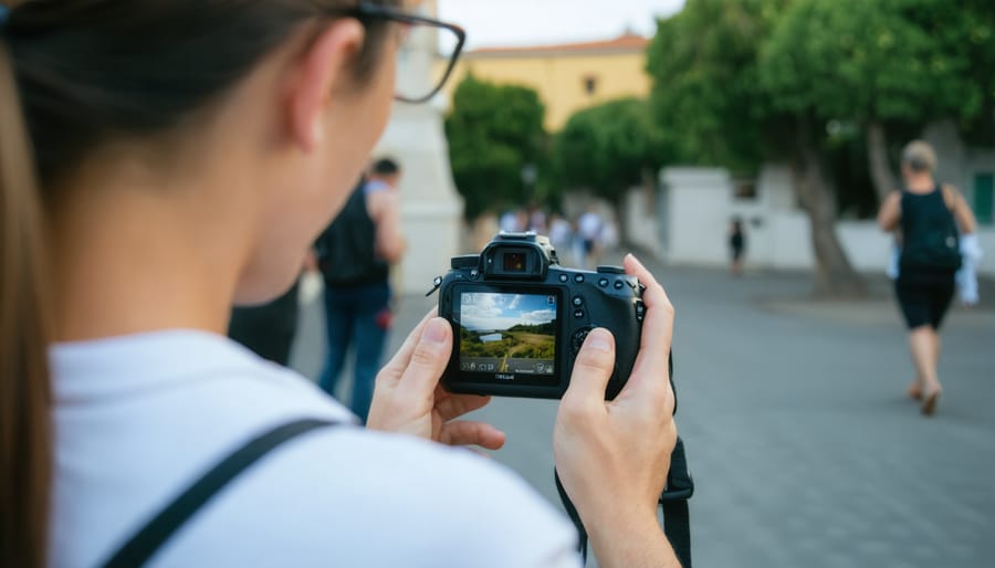 Professional photographer working with GPS-enabled camera in the field