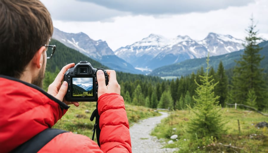 Professional photographer working with GPS-enabled camera in the field