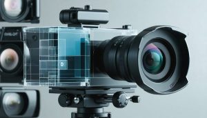 A futuristic HD video camera showcasing advanced features like 8K resolution, autofocus systems, and hybrid capabilities, with a visual overlay illustrating the differences between Full HD, 4K, and 8K resolutions.