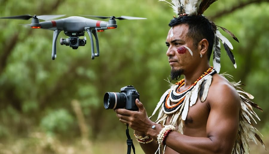 Indigenous photographer operating a drone camera during a traditional ceremony