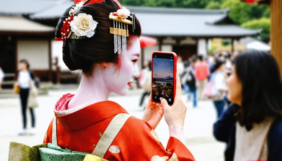 A geisha in traditional kimono taking a selfie with a smartphone against neon-lit Tokyo streets