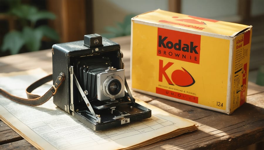 Original Kodak Brownie camera with packaging and vintage advertisements