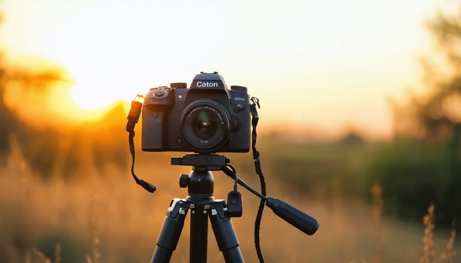 Landscape photography gear setup including DSLR camera, wide-angle lens, and carbon fiber tripod against mountain backdrop
