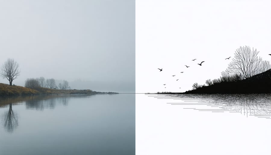 Side-by-side comparison of unprocessed RAW landscape photo and final processed version