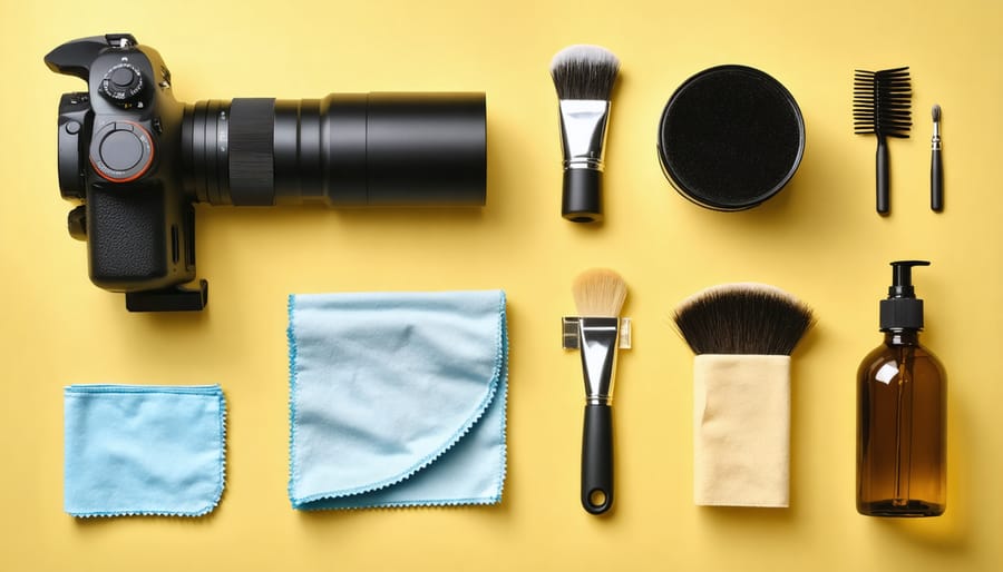 Complete camera lens cleaning kit with essential tools arranged on clean surface