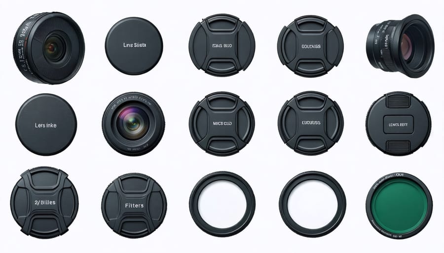 Collection of lens protection accessories including filters, caps, and storage cases