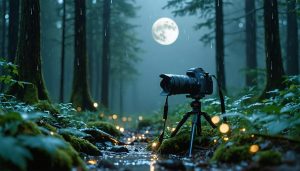 A camera covered with rain protection gear captures illuminated raindrops in a moonlit forest, demonstrating the enchanting possibilities of rainy night photography.