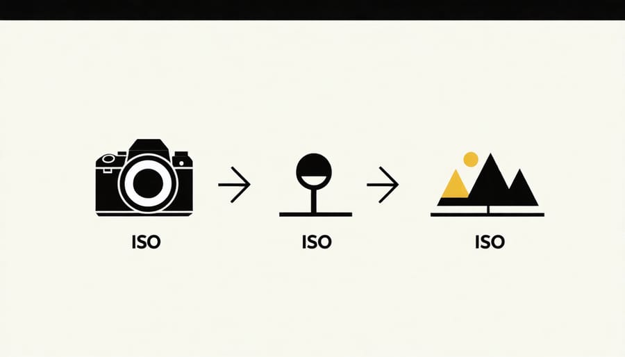 Infographic illustrating the exposure triangle: aperture (f-stops), shutter speed, and ISO settings