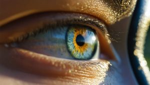 Artistic depiction of a photographer's eye interlaced with rule of thirds grid, leading lines, and natural framing, symbolizing advanced photography composition techniques.