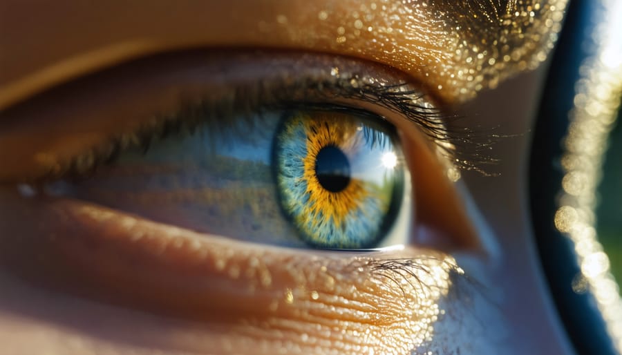 Artistic depiction of a photographer's eye interlaced with rule of thirds grid, leading lines, and natural framing, symbolizing advanced photography composition techniques.