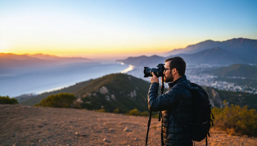 A professional photographer using a DSLR camera on a panoramic tripod head, capturing an expansive landscape panorama, set against the backdrop of a mountain range or city skyline at sunrise or sunset.