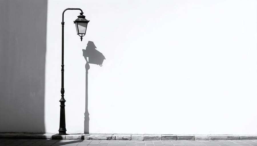 High contrast minimalist image of a street lamp casting shadow on a white wall