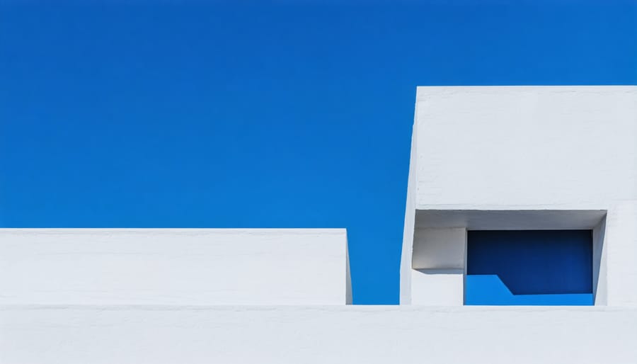 Modern building corner with clean white lines against clear blue sky