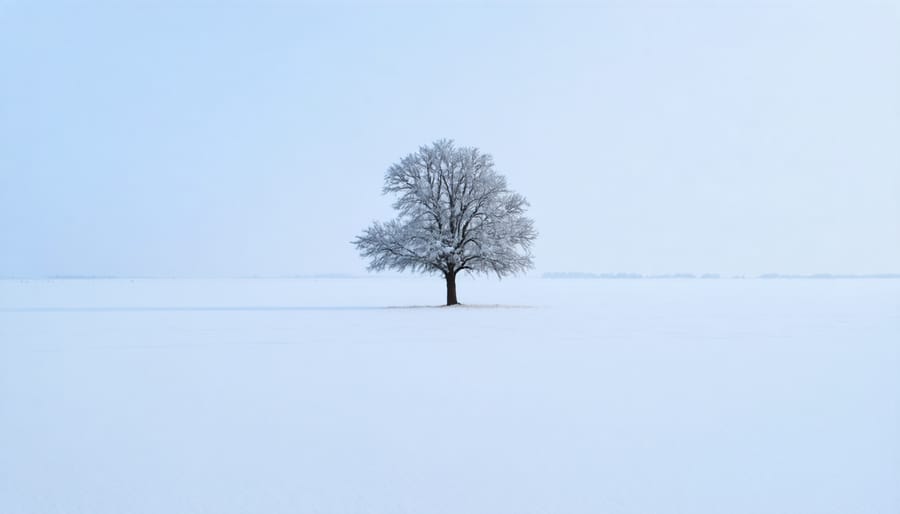Solitary bare tree centered in a minimalist white snowy landscape
