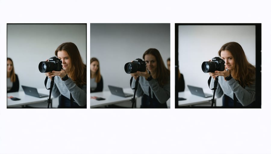 Split-screen view of different camera angles capturing photography instruction