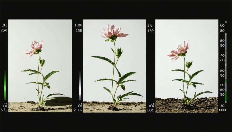 Multiple cameras arranged in a semi-circle around a blooming flower for comprehensive time-lapse coverage
