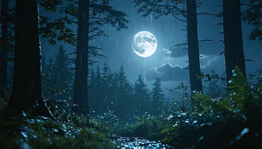 Long exposure photograph of rain in a forest at night with moonlight filtering through trees
