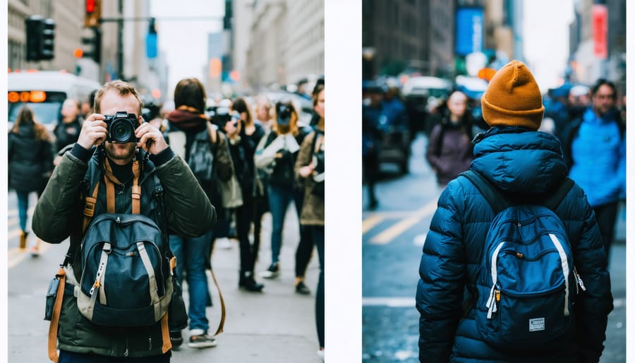 Side-by-side view of street photographers discussing urban photography techniques in an online session