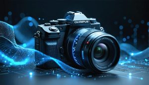 An Olympus digital camera surrounded by digital data symbols and circuit design, symbolizing the process of firmware updates and performance enhancements.