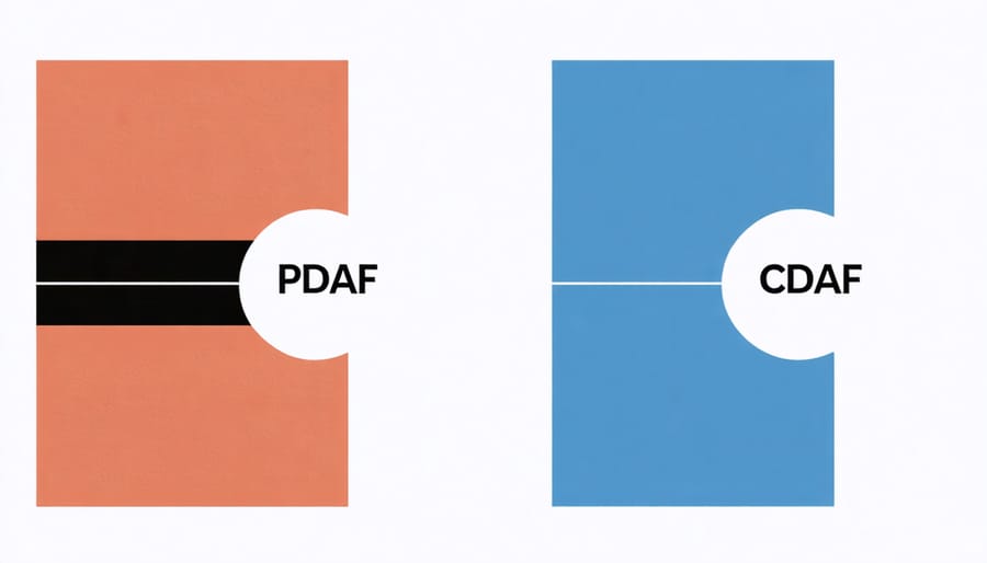Comparison diagram showing focusing patterns of phase detection and contrast detection autofocus systems