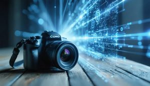 Conceptual illustration depicting phase detection autofocus technology with light rays splitting and converging into focused beams in a modern digital camera, symbolizing speed and precision in autofocus.