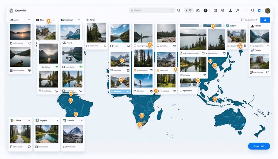 Photo management interface displaying geotagged images on an interactive map