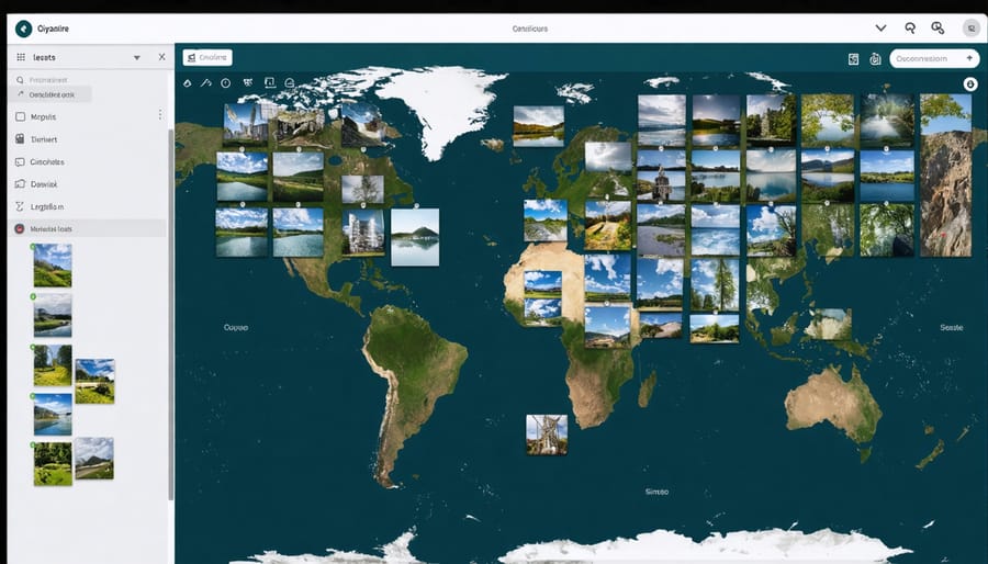 Photo management interface displaying geotagged images on an interactive map