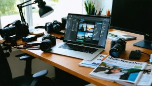 A professional photographer managing their photography business's finances using QuickBooks, with a variety of camera gear on the desk.