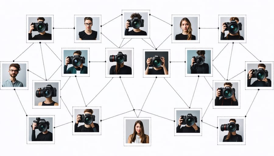 Network visualization showing connected photographer community members with sample work