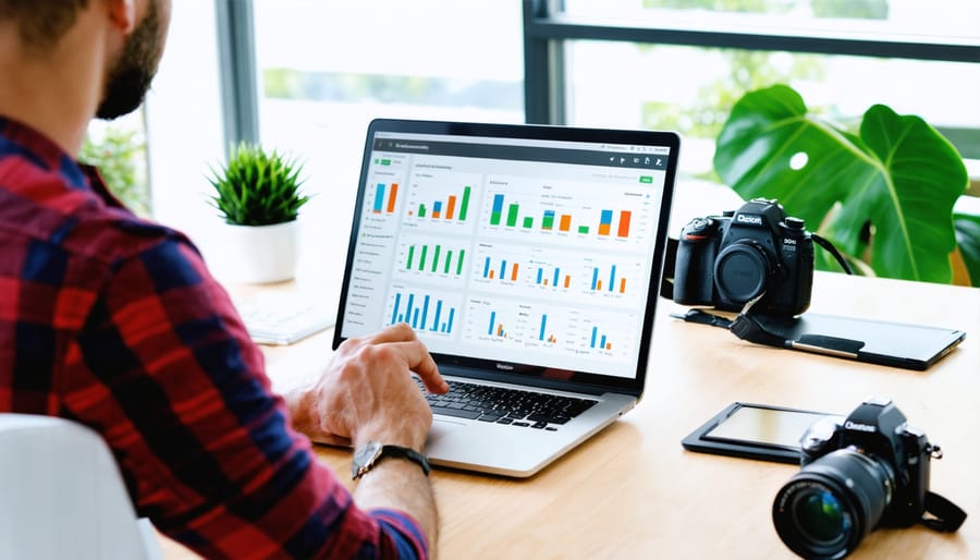 Photographer using QuickBooks software to manage business finances with photography gear visible