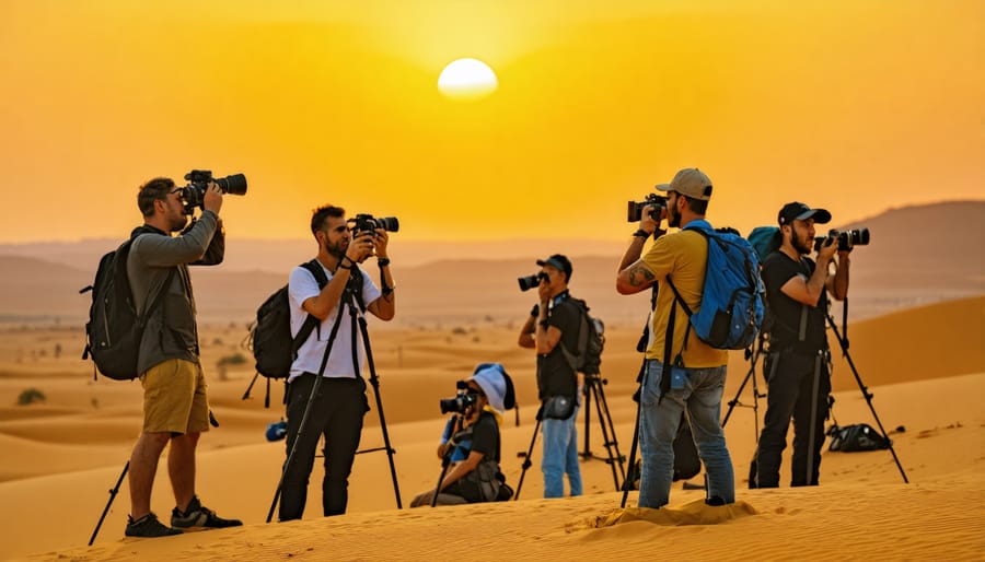 A diverse group of photographers learning composition techniques during a scenic sunrise shoot over the Moroccan desert, guided by professional instructors.