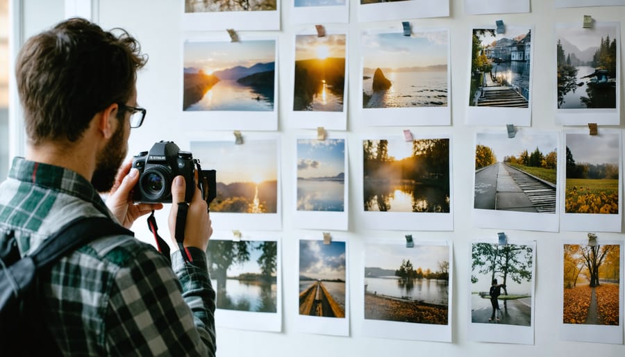 A professional photographer analyzing a collection of diverse images, highlighting the role of critique circles in refining photography skills and fostering artistic vision.