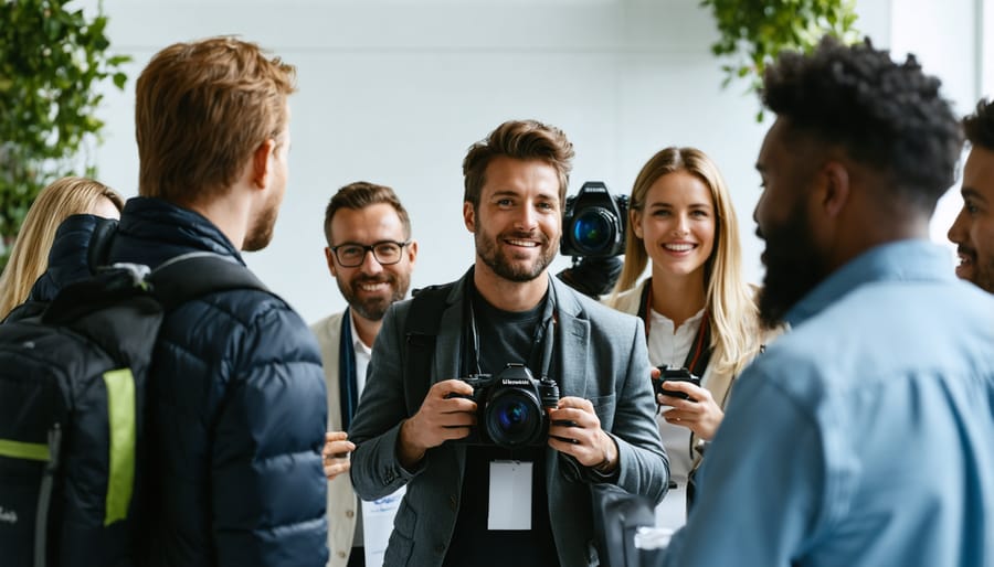 Professional photographers engaging in conversation at a photography networking event