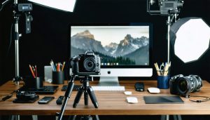 A professional photography workshop setup showcasing a digital camera on a tripod, surrounded by an external monitor, microphone, and LED lighting, arranged to capture high-quality instructional videos with a three-point lighting setup.