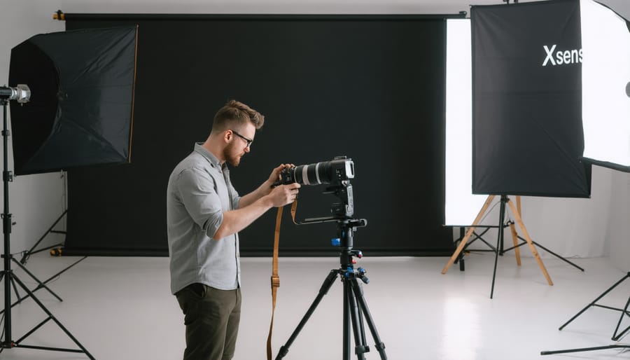 Professional photographer working with X-sense equipped camera during a commercial photo shoot