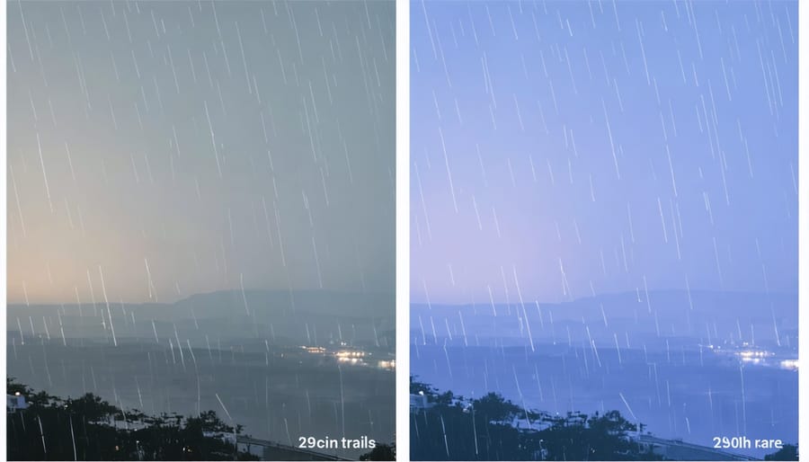 Side-by-side comparison of night photographs showing different shutter speeds capturing rain