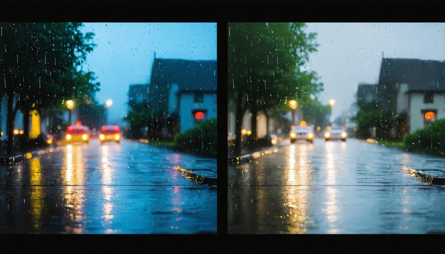 Split-screen comparison showing raw and edited versions of a rainy night photograph