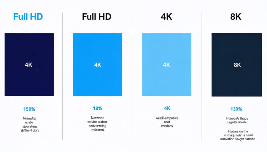 Side-by-side comparison showing detail levels in Full HD vs 4K vs 8K video resolutions