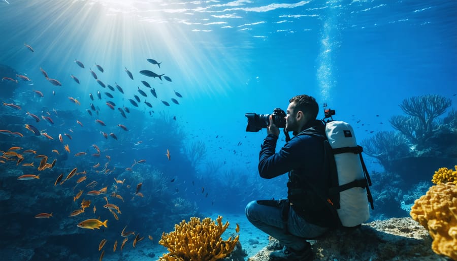 Underwater photographer photographing coral reef while maintaining appropriate distance from marine life