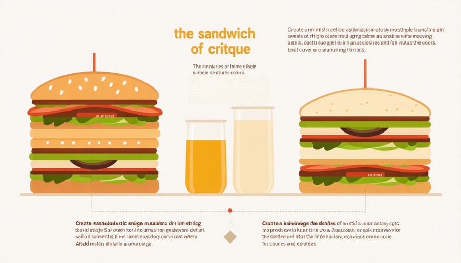 Visual diagram illustrating the sandwich method of criticism with positive feedback bracketing constructive suggestions