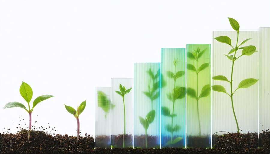 An artistic representation of a plant's growth stages from seedling to full bloom, showcasing the dynamic movement captured through time-lapse photography with overlapping translucent layers and soft lighting.