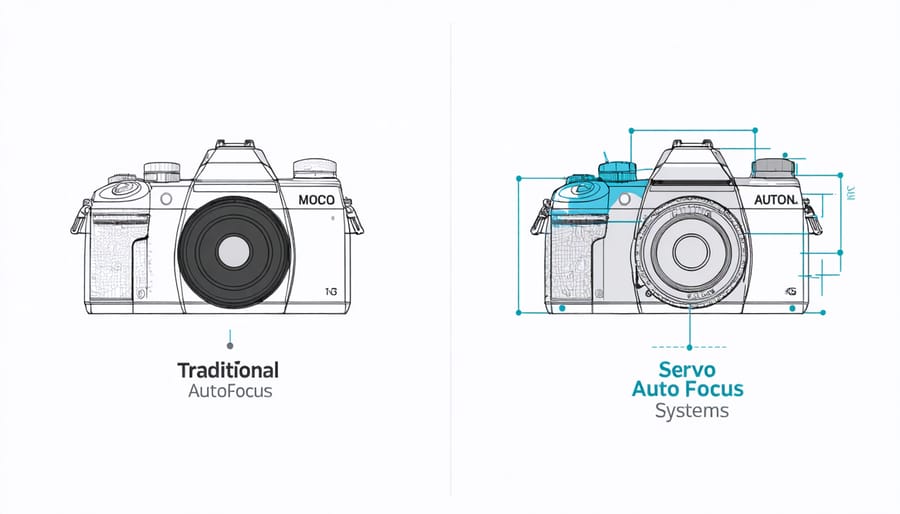 Technical diagram comparing traditional phase-detection autofocus with servo autofocus mechanisms