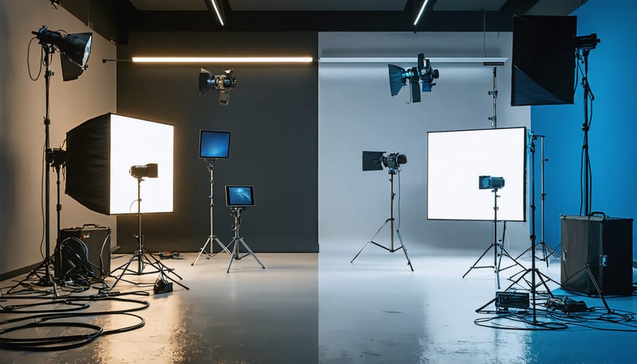 A modern photo studio transformed by wireless technology, juxtaposing traditional cable-laden setups with sleek wireless control using a tablet, depicting efficiency and innovation in photography lighting.