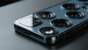 Close-up of a smartphone's multi-lens camera module showcasing ultra-wide, main, and telephoto lenses against a blurred photography-themed background.