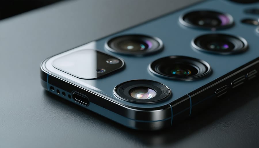Close-up of a smartphone's multi-lens camera module showcasing ultra-wide, main, and telephoto lenses against a blurred photography-themed background.