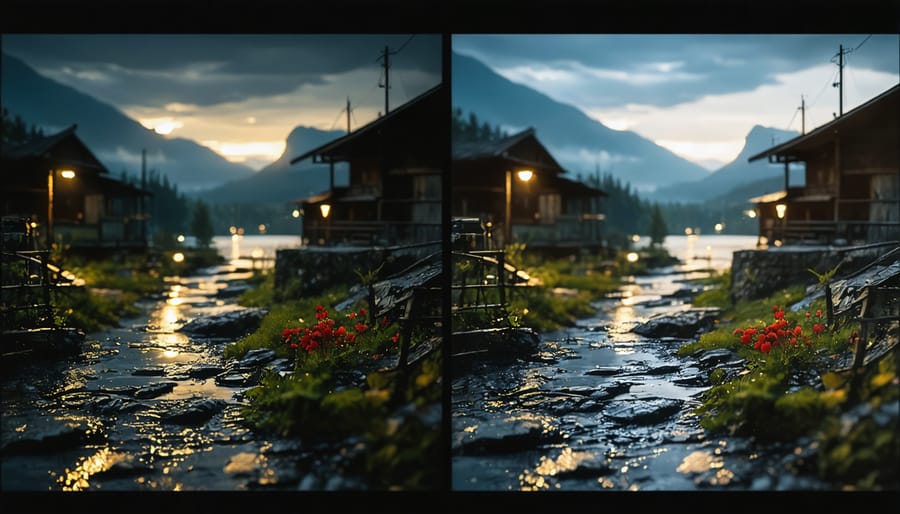 Split image showing a nighttime street scene - sharp with stabilization versus blurry without