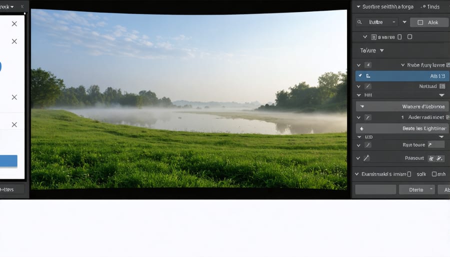 Software interface showing panorama stitching process with control panels and preview