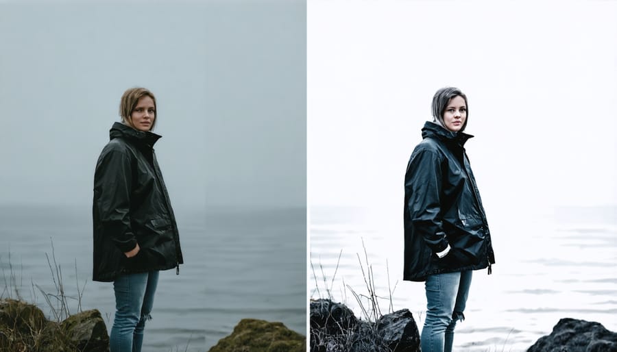 Side-by-side comparison showing raw capture and final edited version of environmental portrait in storm conditions