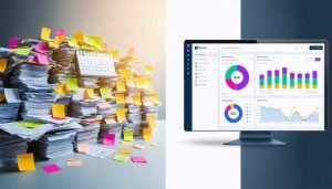 A split-screen image showing a cluttered desk with paperwork on one side and a sleek digital dashboard interface on the other, representing the efficiency gained through studio management software for photographers.
