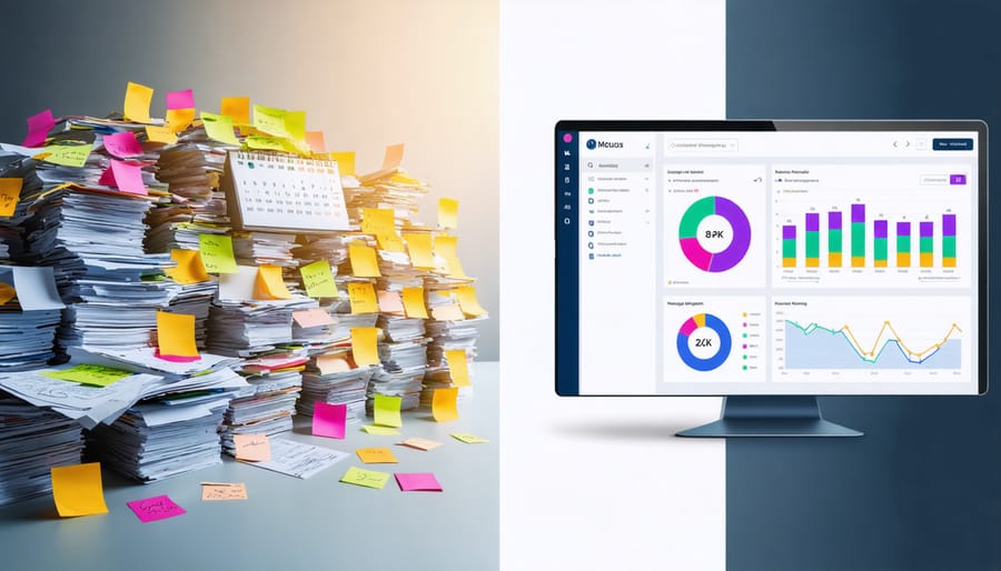 A split-screen image showing a cluttered desk with paperwork on one side and a sleek digital dashboard interface on the other, representing the efficiency gained through studio management software for photographers.